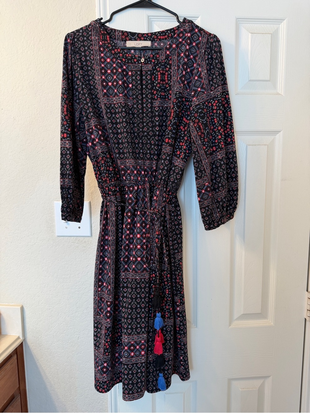 LOFT Black and Pink Patterned Midi Dress with Tassel Tie